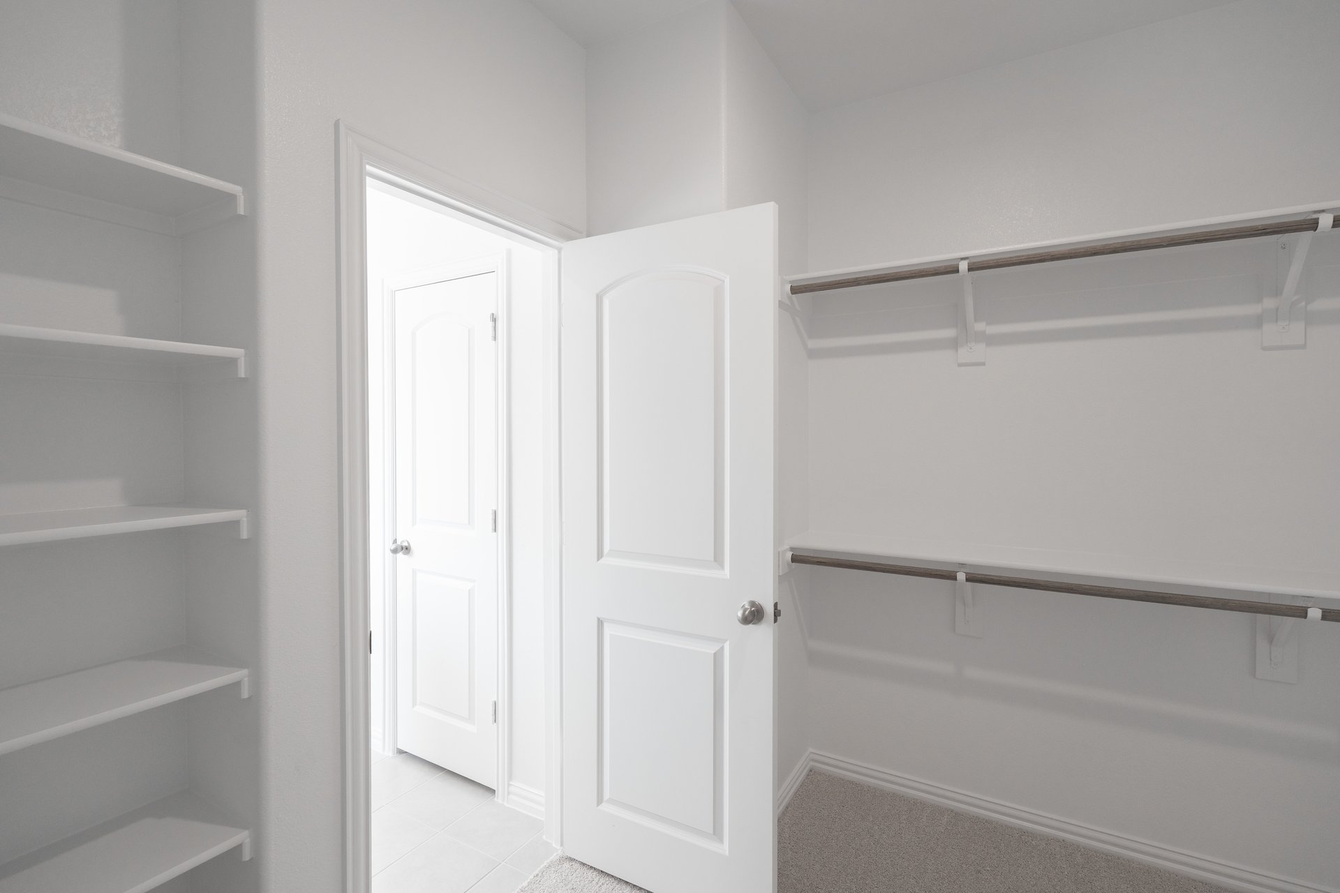primary bedroom closet with carpet and white shelves