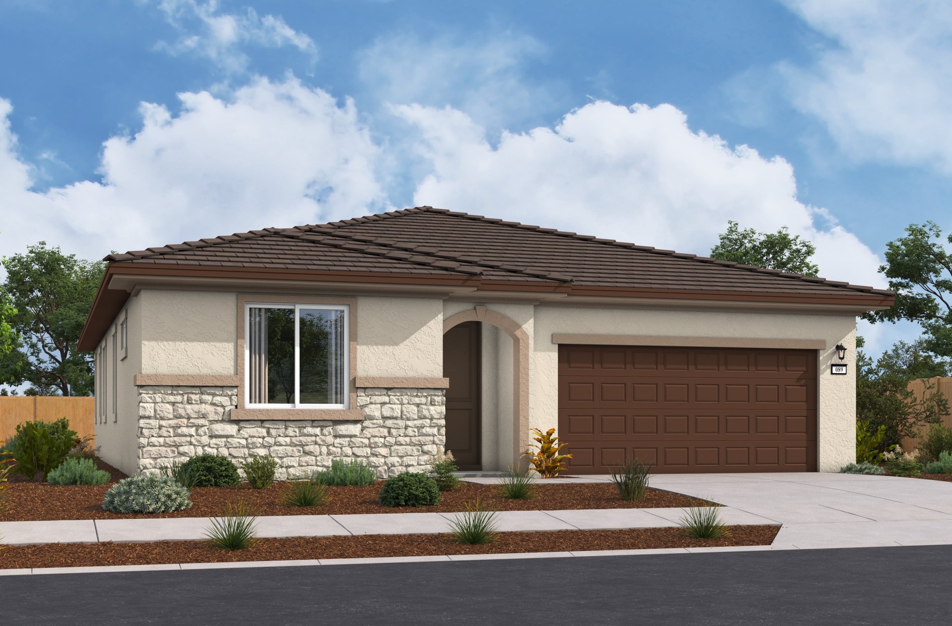 front exterior rendering of single-story tan and brown home with stacked stone under window