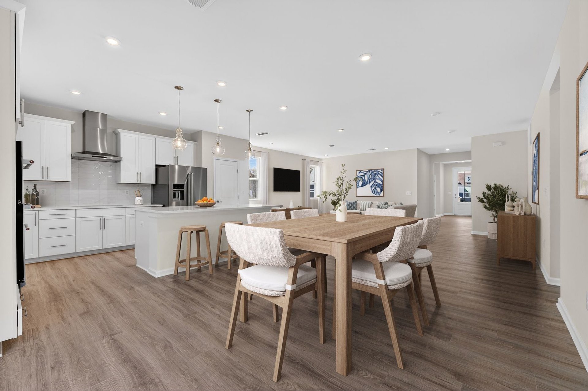 dining table off the kitchen with designer flooring