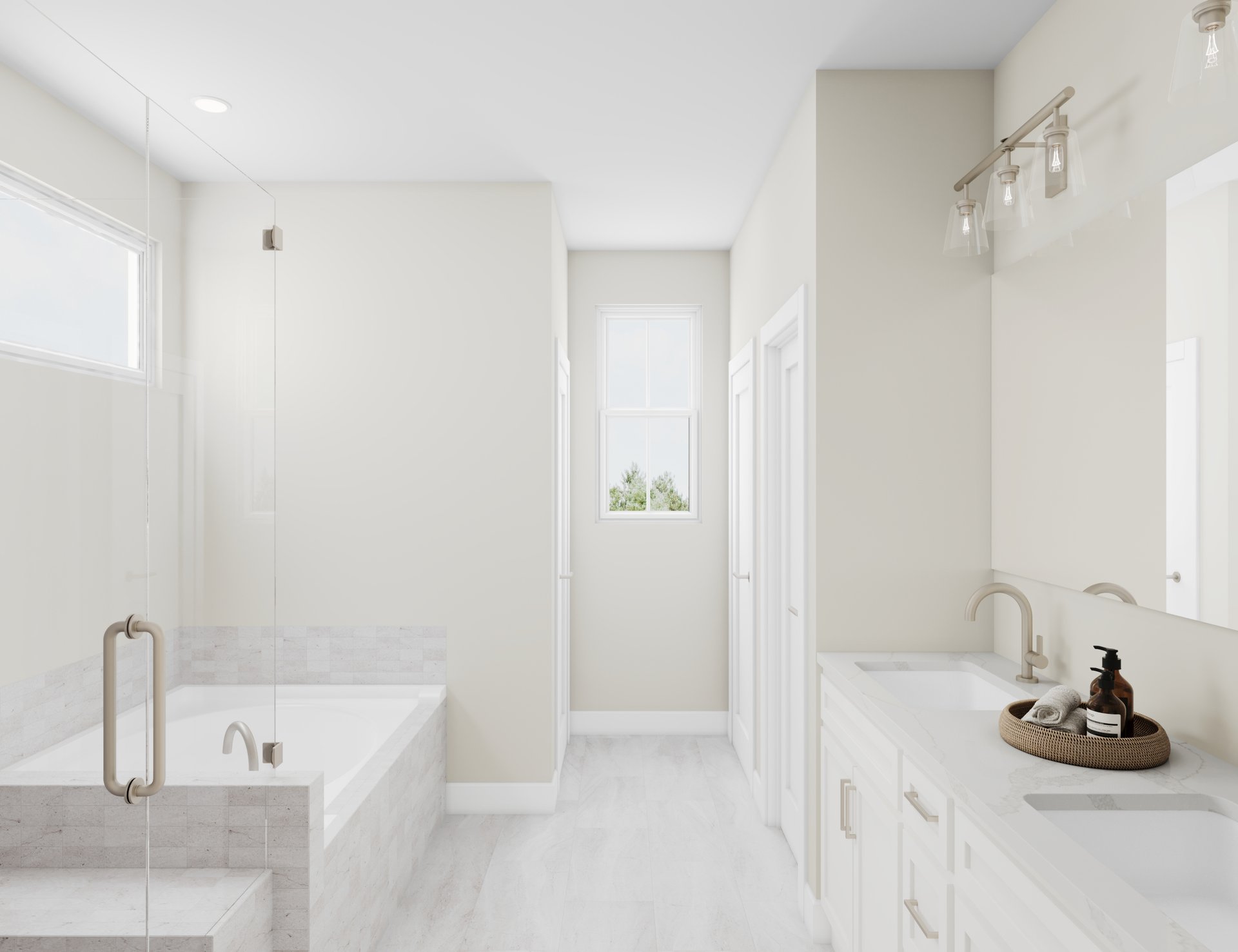 primary bath with white tile shower and tub