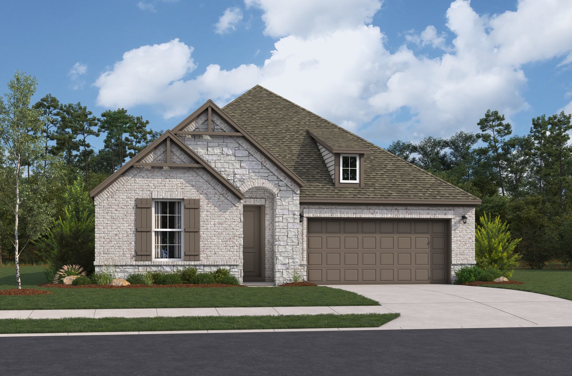 exterior with grass, trees & a 2-car garage