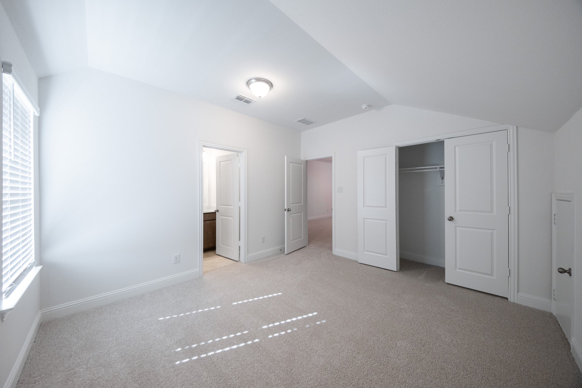 guest bedroom with carpet and window