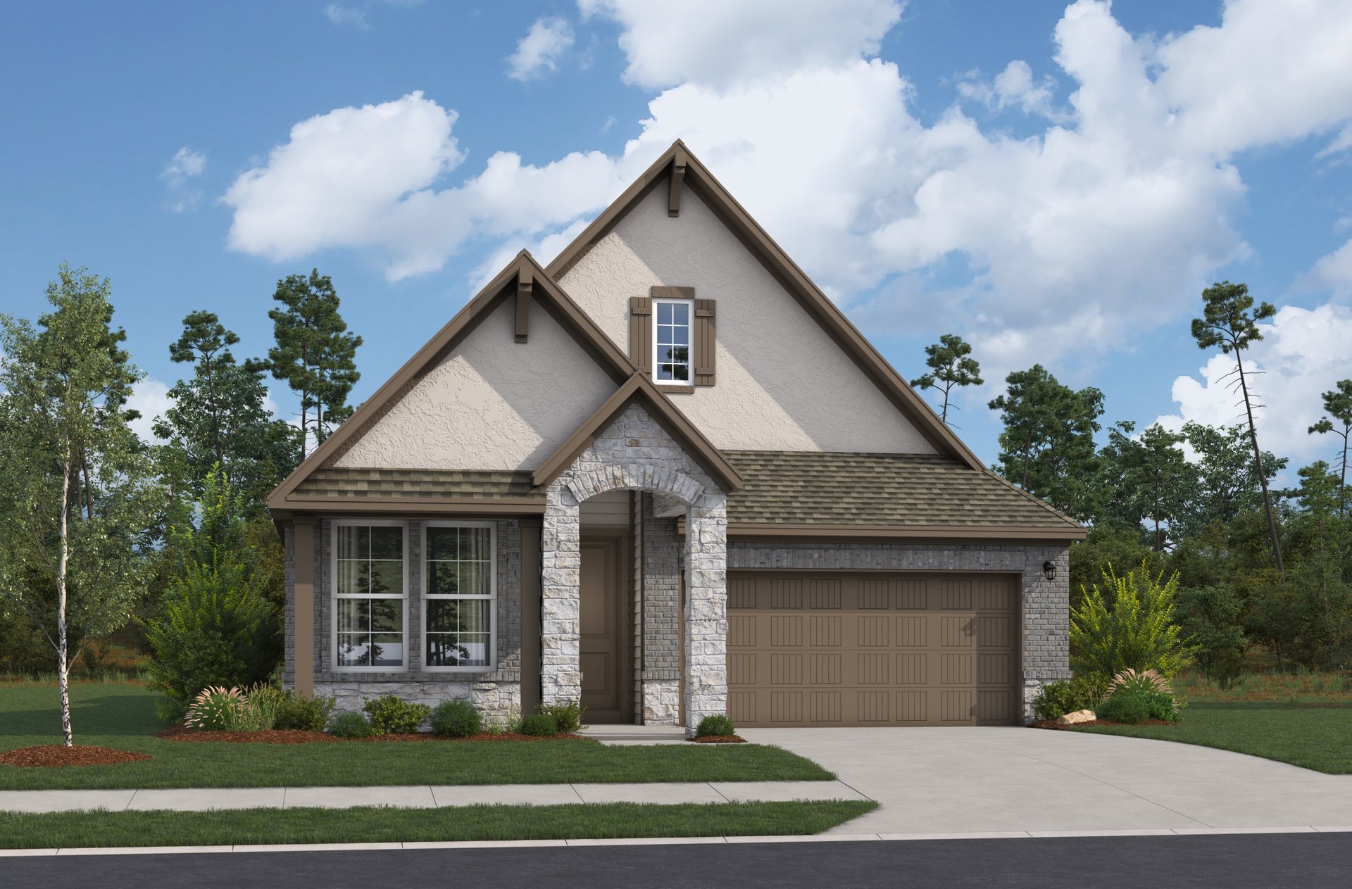 exterior with brick, stone & windows