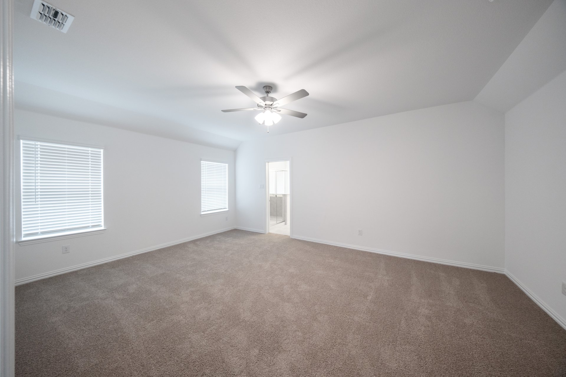spacious primary bedroom with carpet and windows