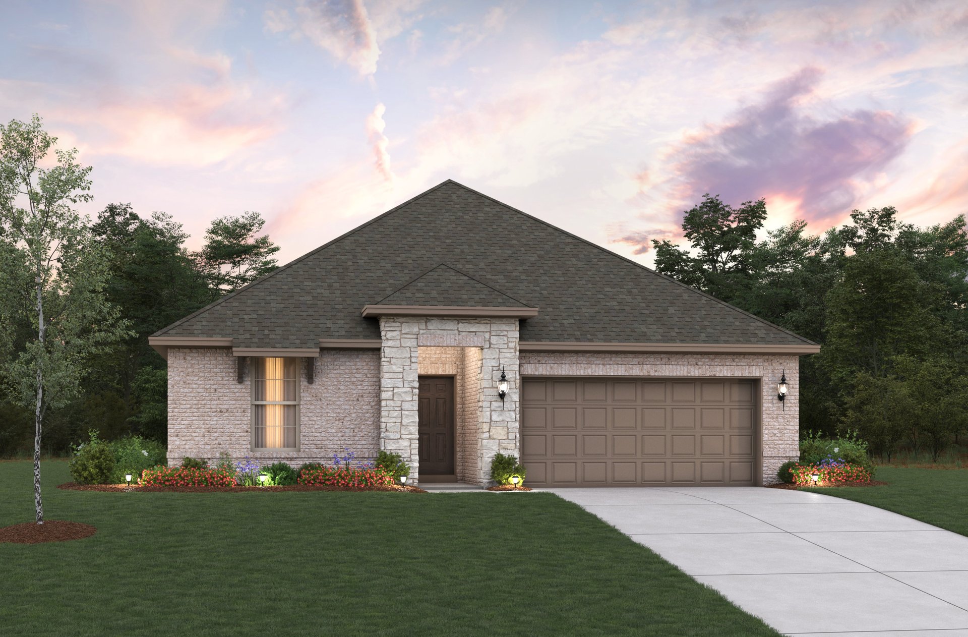 single-story home exterior with brick and stone