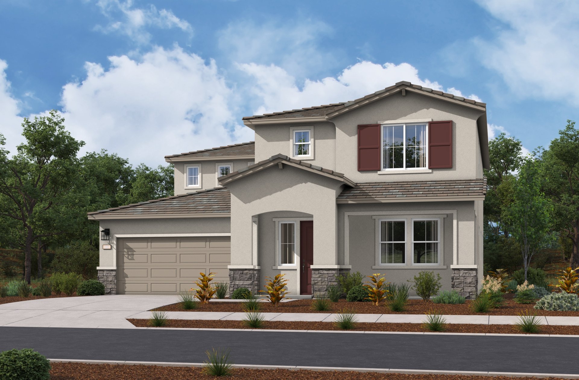 exterior of two-story home with neutral paint and red accents