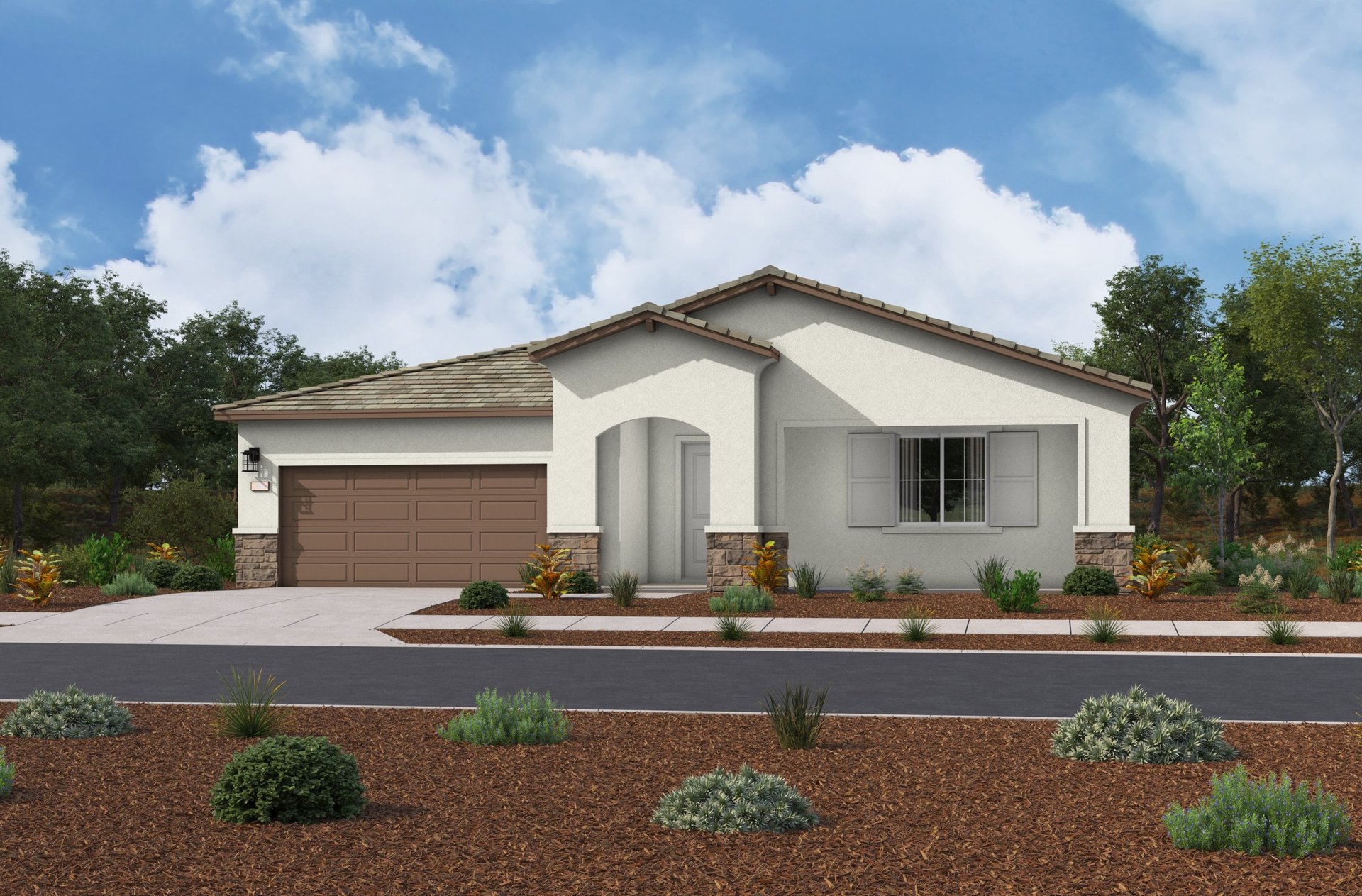 exterior of single-story home with desert landscaping and neutral paint