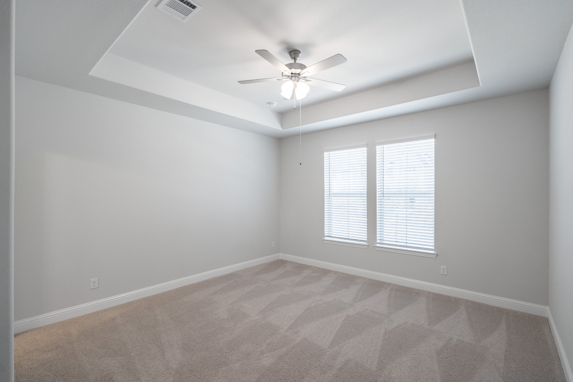 primary bedroom with carpet and windows