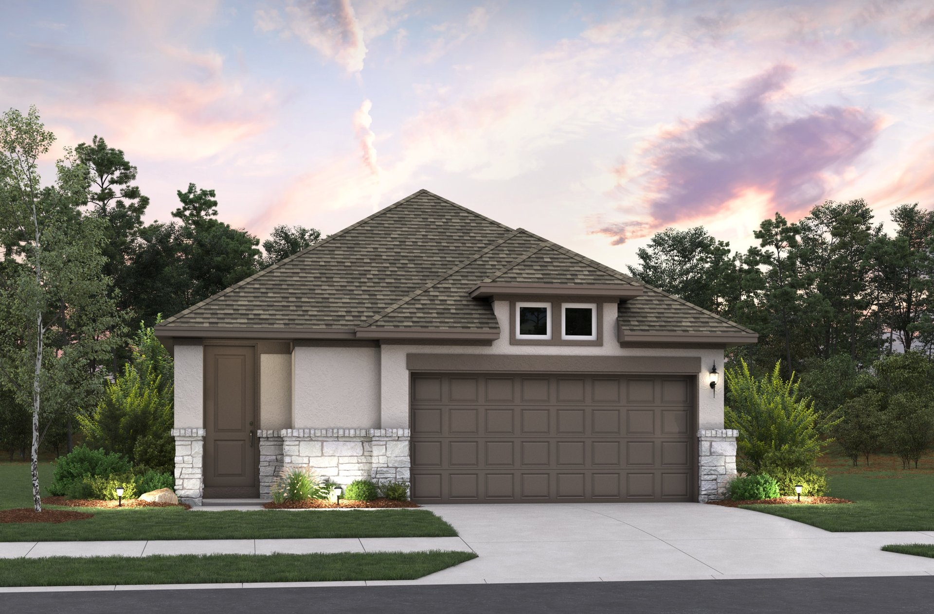 home with rock, windows, a garage and landscaping 