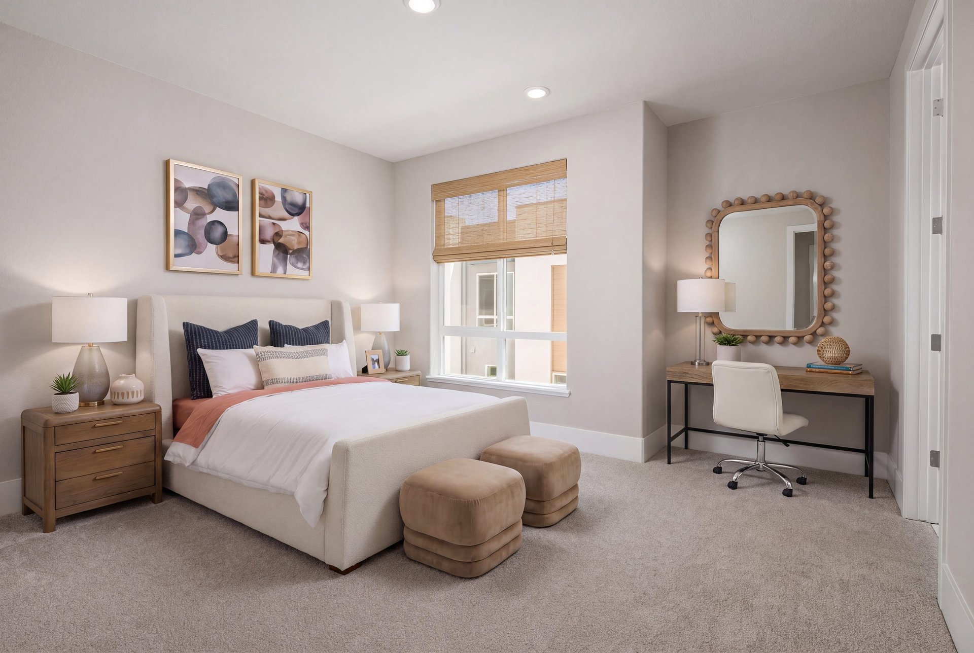 bedroom with tan carpet, window, mirror above wood desk, and white upholstered bed with two tan ottomans at foot