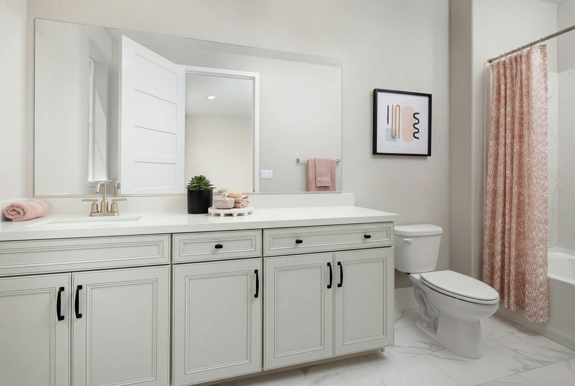 bathroom with white cabinets & counters, pink towels, tub with shower overhead, and pink & white shower curtain