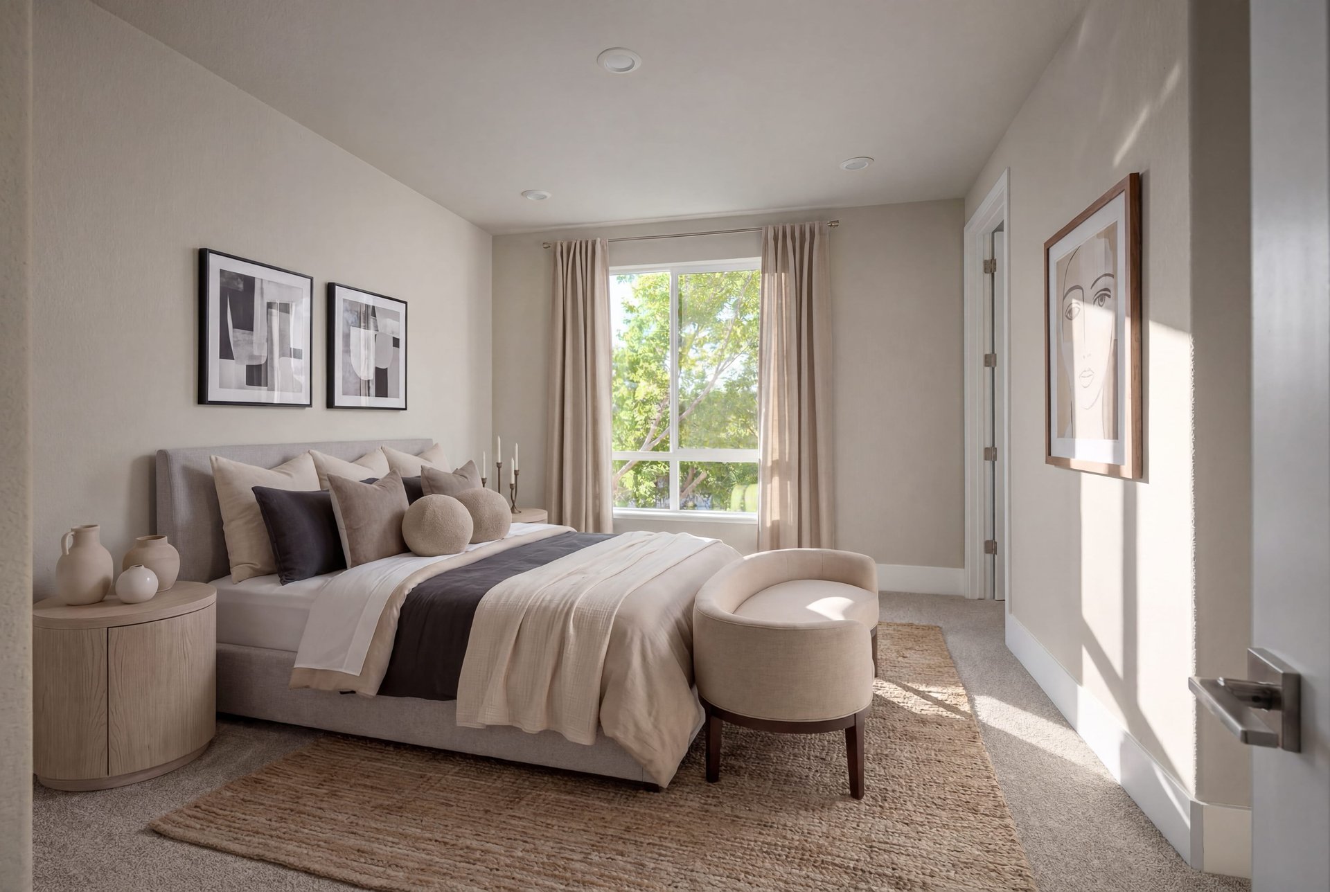 bedroom with tan area rug under light gray upholstered bed, round wood nightstands, and window