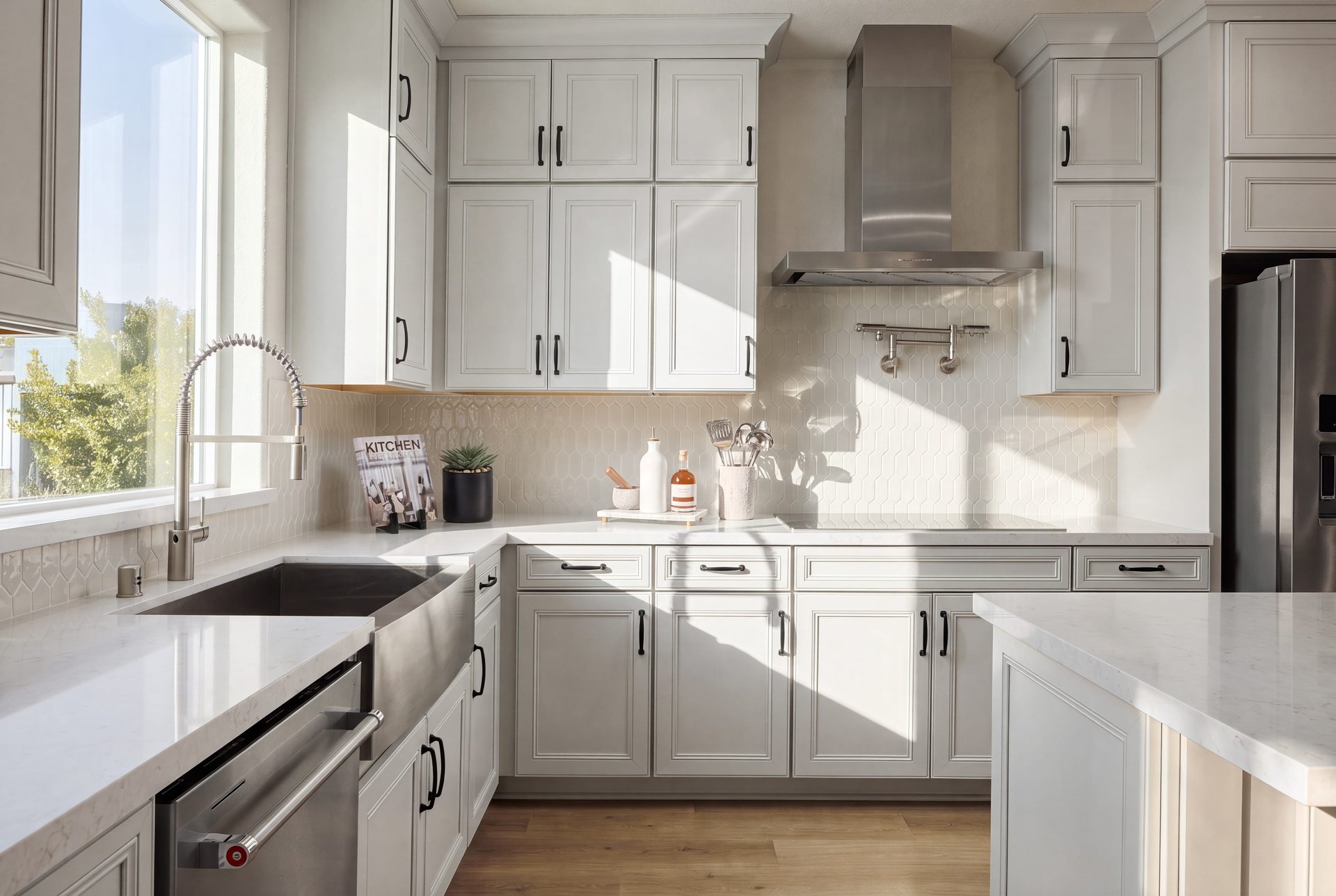kitchen with white cabinets & counters, wood floors, and window over large farmhouse sink