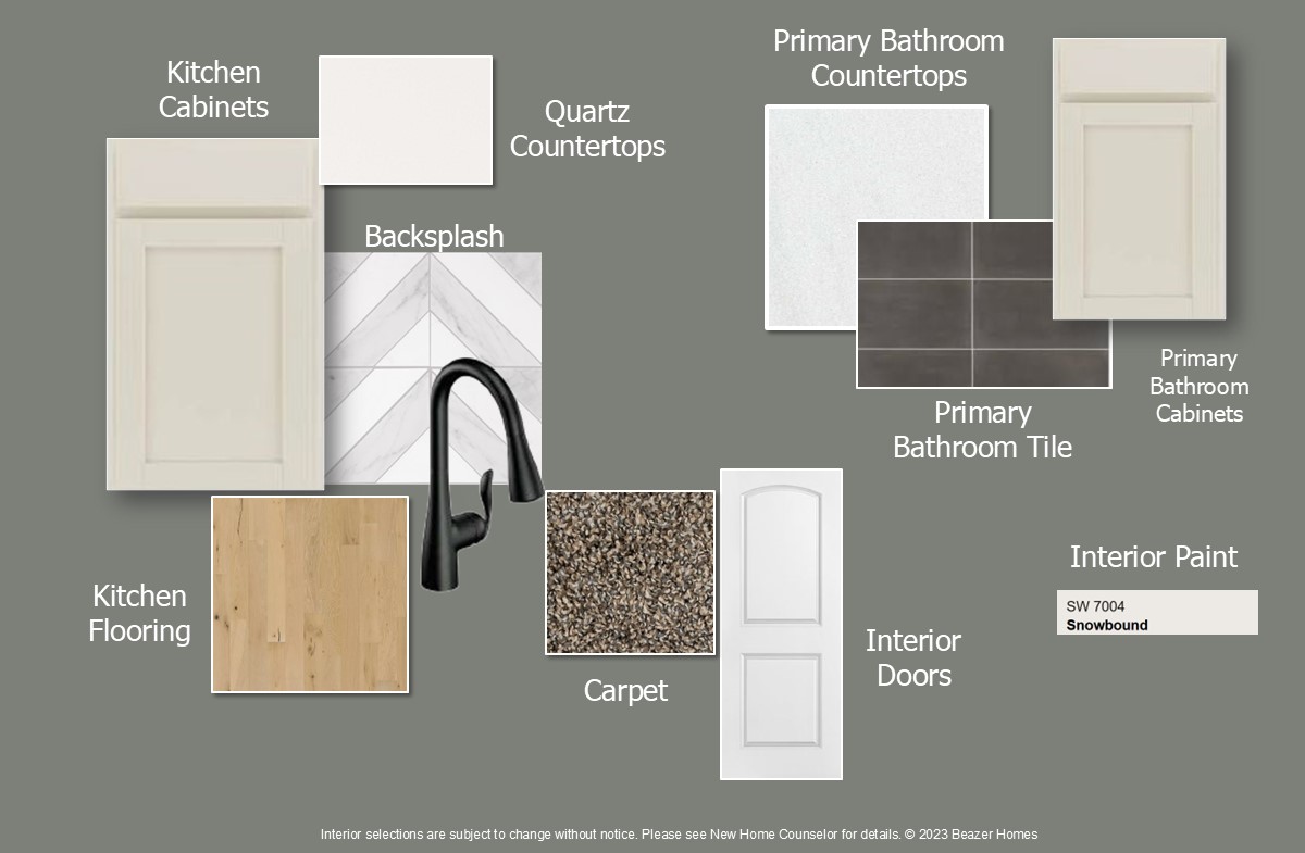 design selections include countertops, cabinets, and flooring