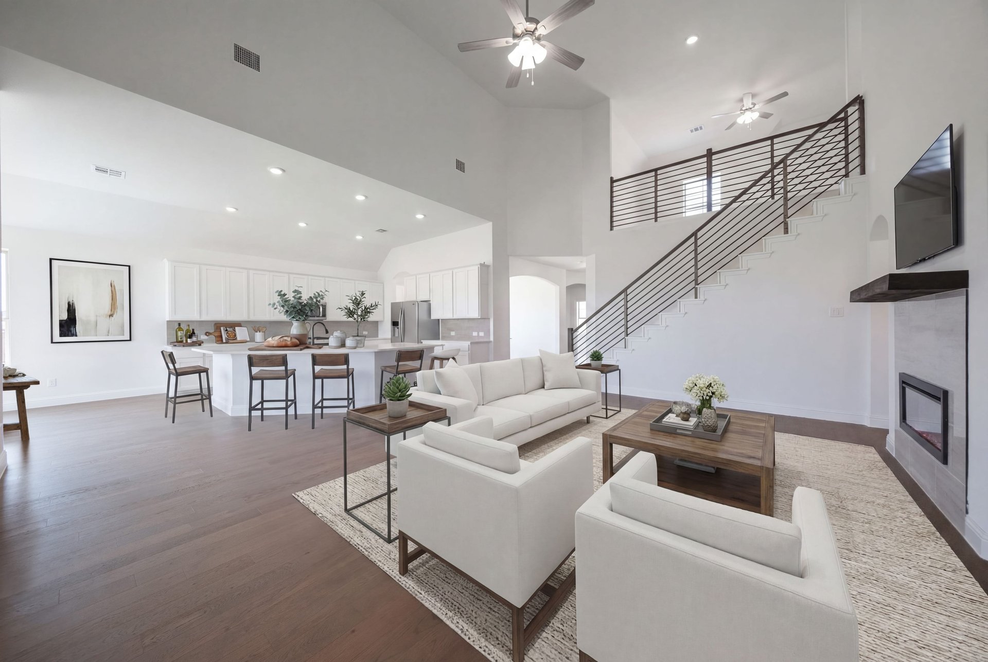 spacious great room with two-story ceilings
