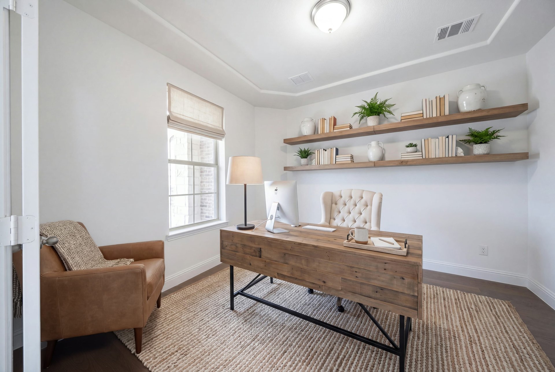 open study with hardwood flooring and glass french doors