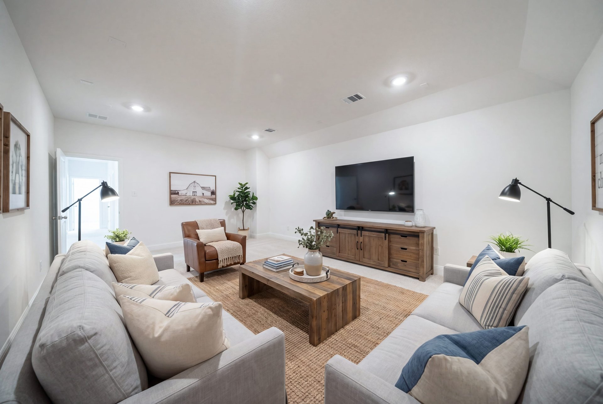 spacious media room with carpet and recessed lighting