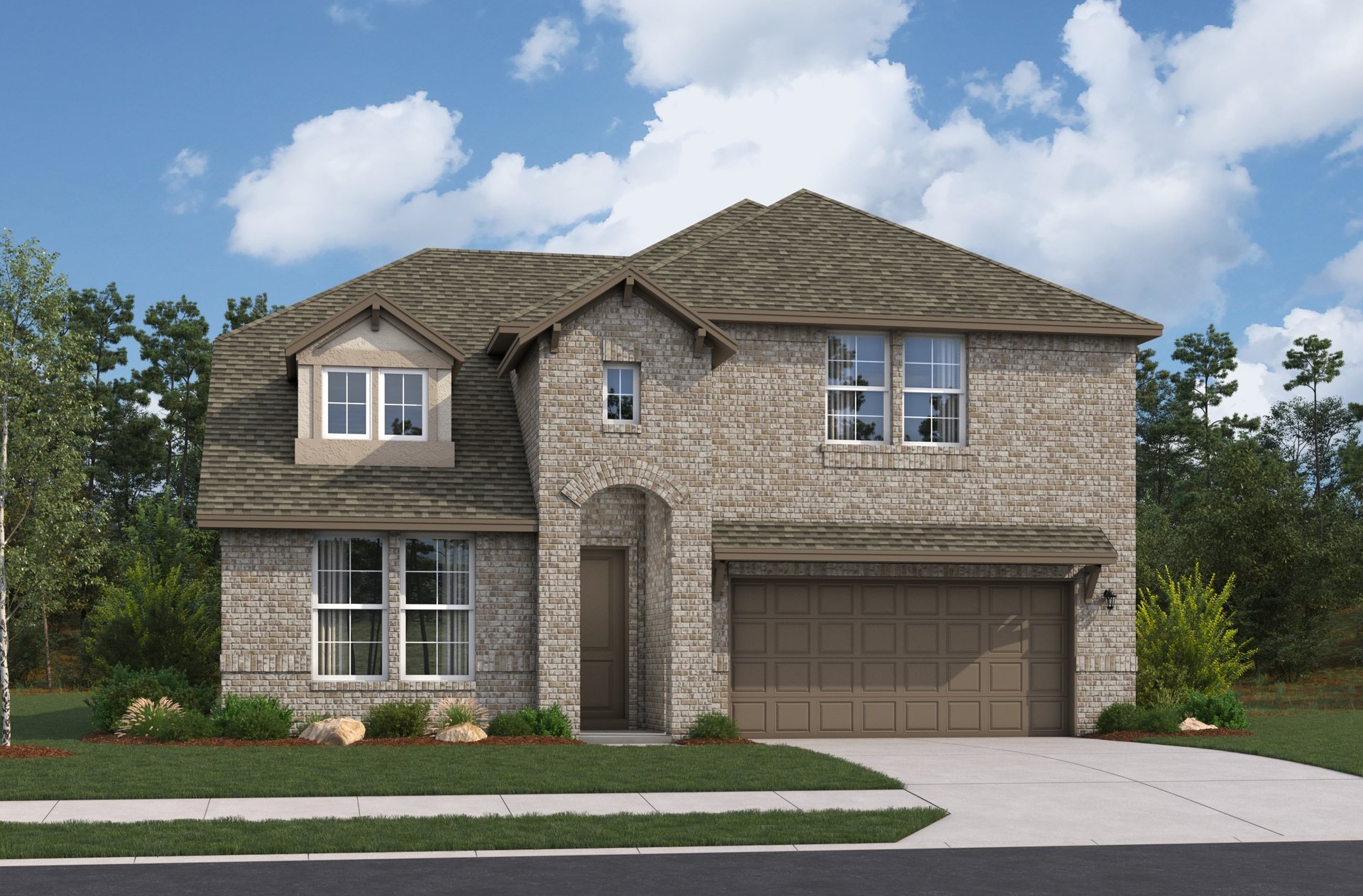 home with brick, windows, garage and landscaped grass 