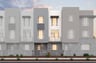 front exterior rendering of gray three-story condo building with multiple windows and courtyard