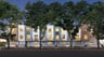 front exterior of 3-story condo building with tall trees in front