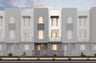 front exterior rendering of gray 3-story condo building