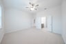 primary bedroom with carpet and ceiling fan