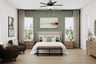 rendering of primary bedroom with king bed and windows