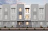 front exterior rendering of three-story gray condo building with balcony