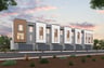 back exterior rendering of gray and white condo building showing 2-car attached garages