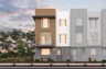 front exterior rendering of three-story brown and gray condo building with balcony