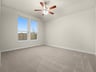 primary bedroom with carpet, ceiling fan and two windows 