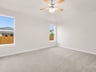 Primary bedroom with carpet, windows and ceiling fan