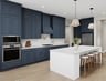 rendering of kitchen with dark blue cabinets and white quartz counters