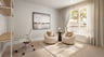 study with tan carpet, large window, two white club chairs, wood desk, and white office chair