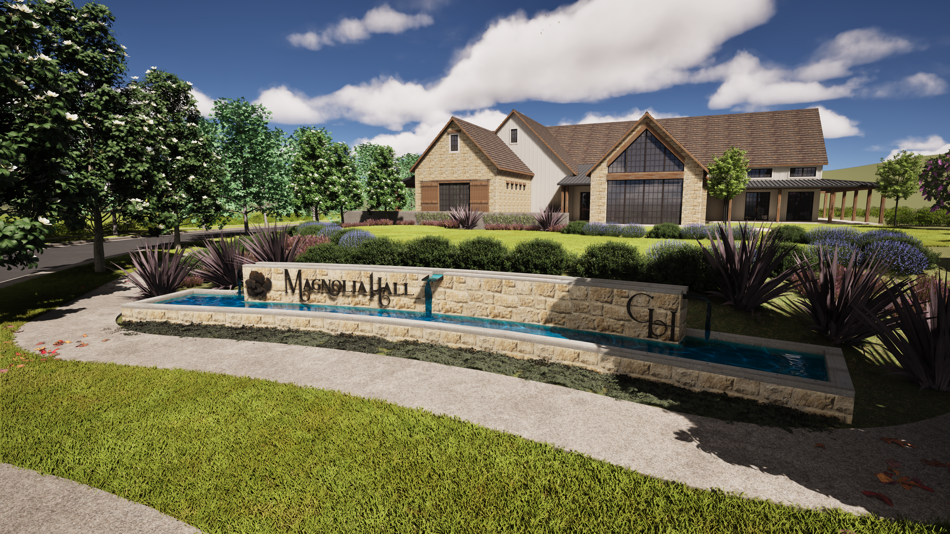 street view of future clubhouse with landscaping and water feature