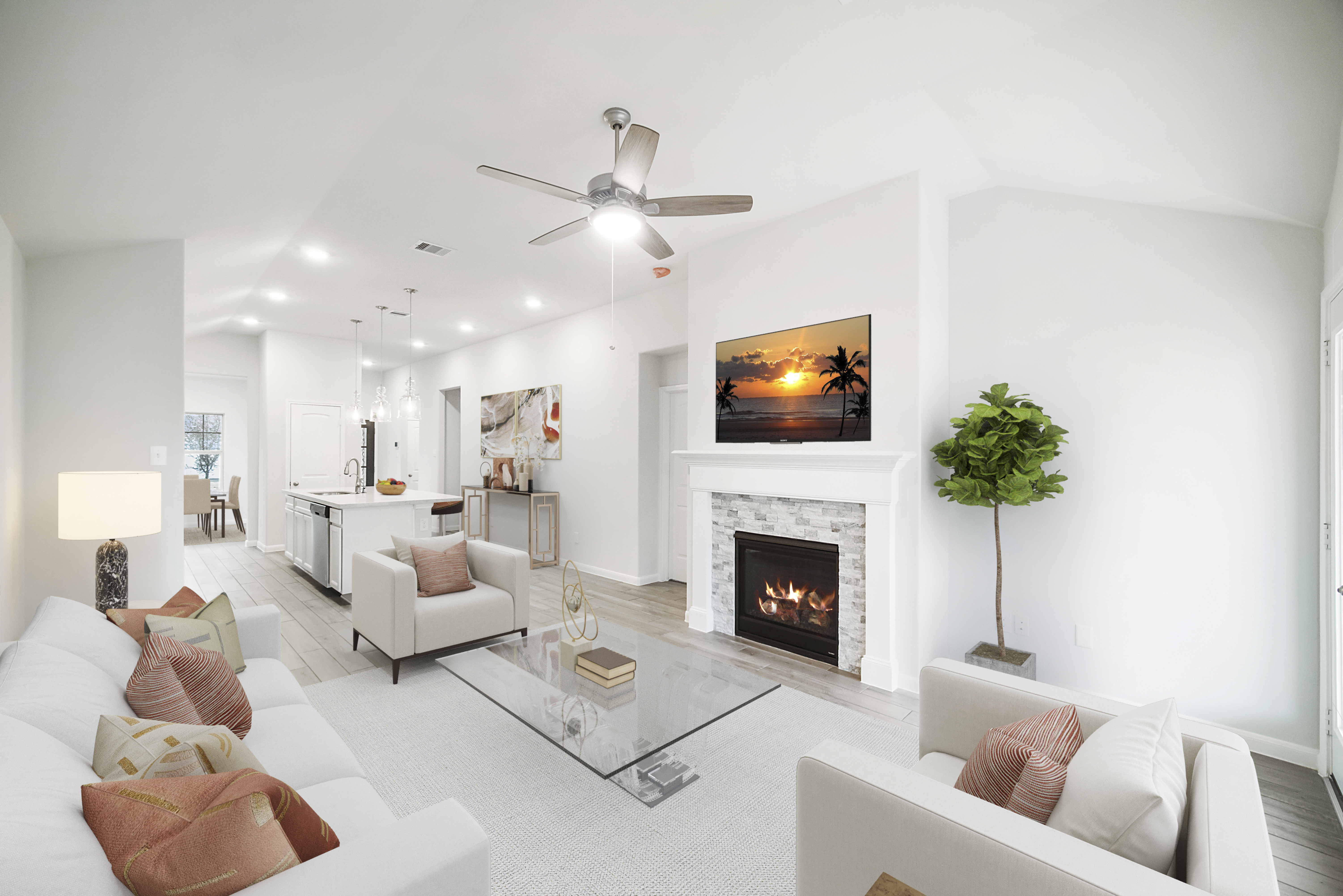great room with ceiling fan
