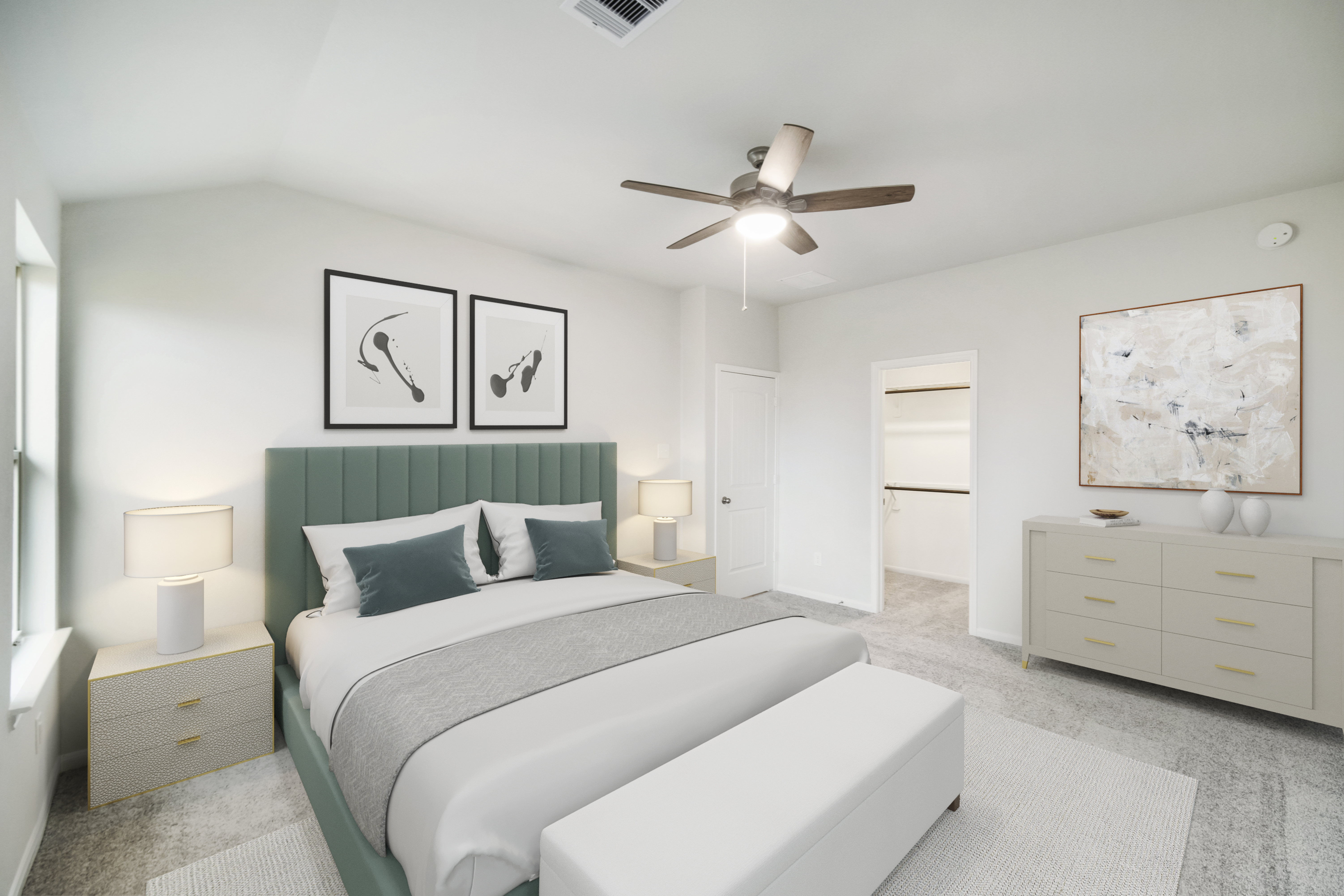 bedroom with ceiling fan and art above bed