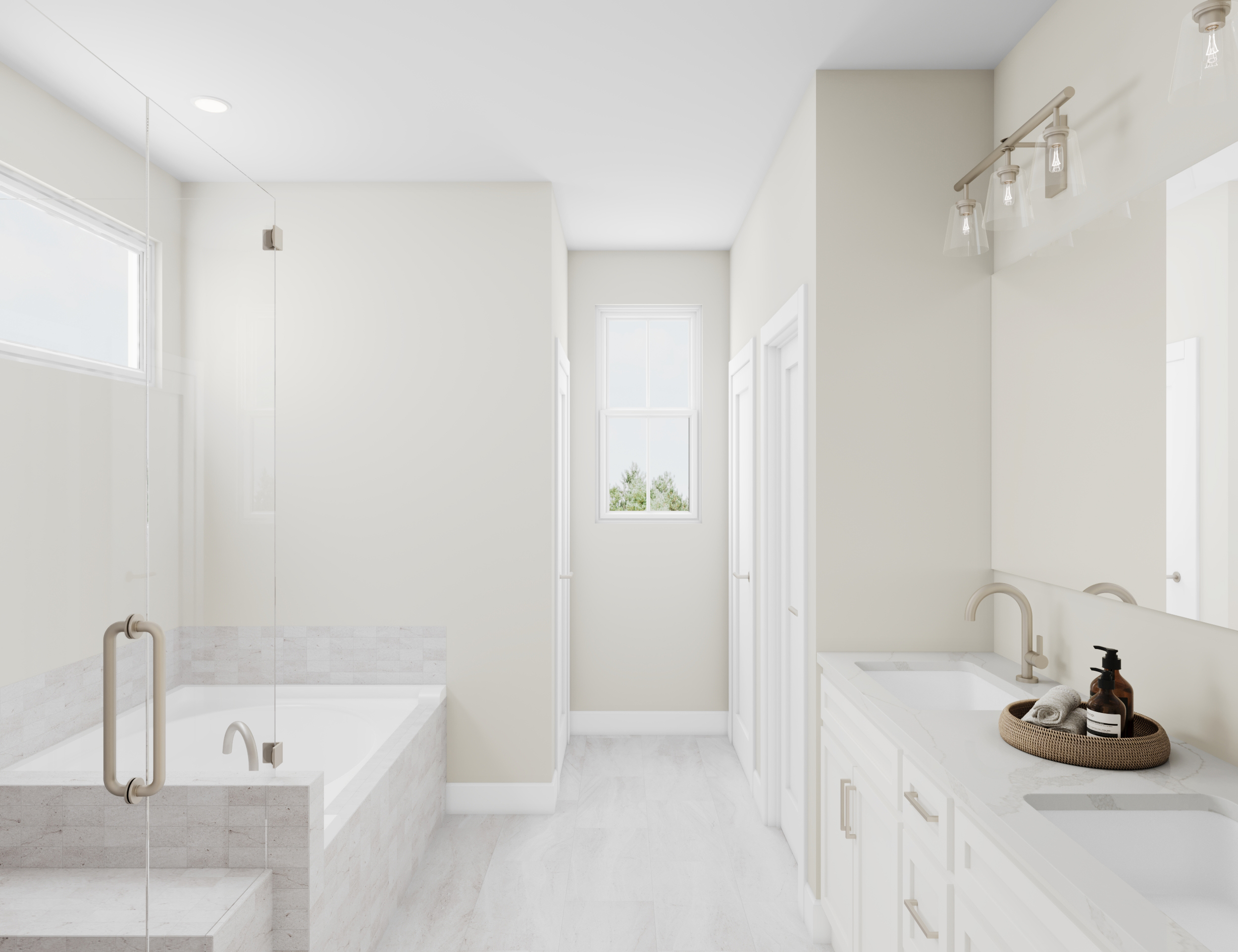 primary bath with white tile shower and tub