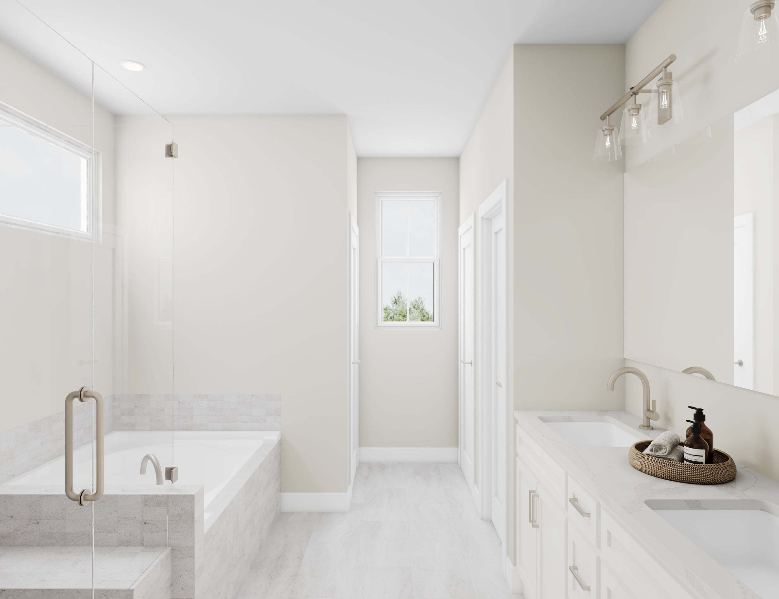primary bath with white tile shower and tub