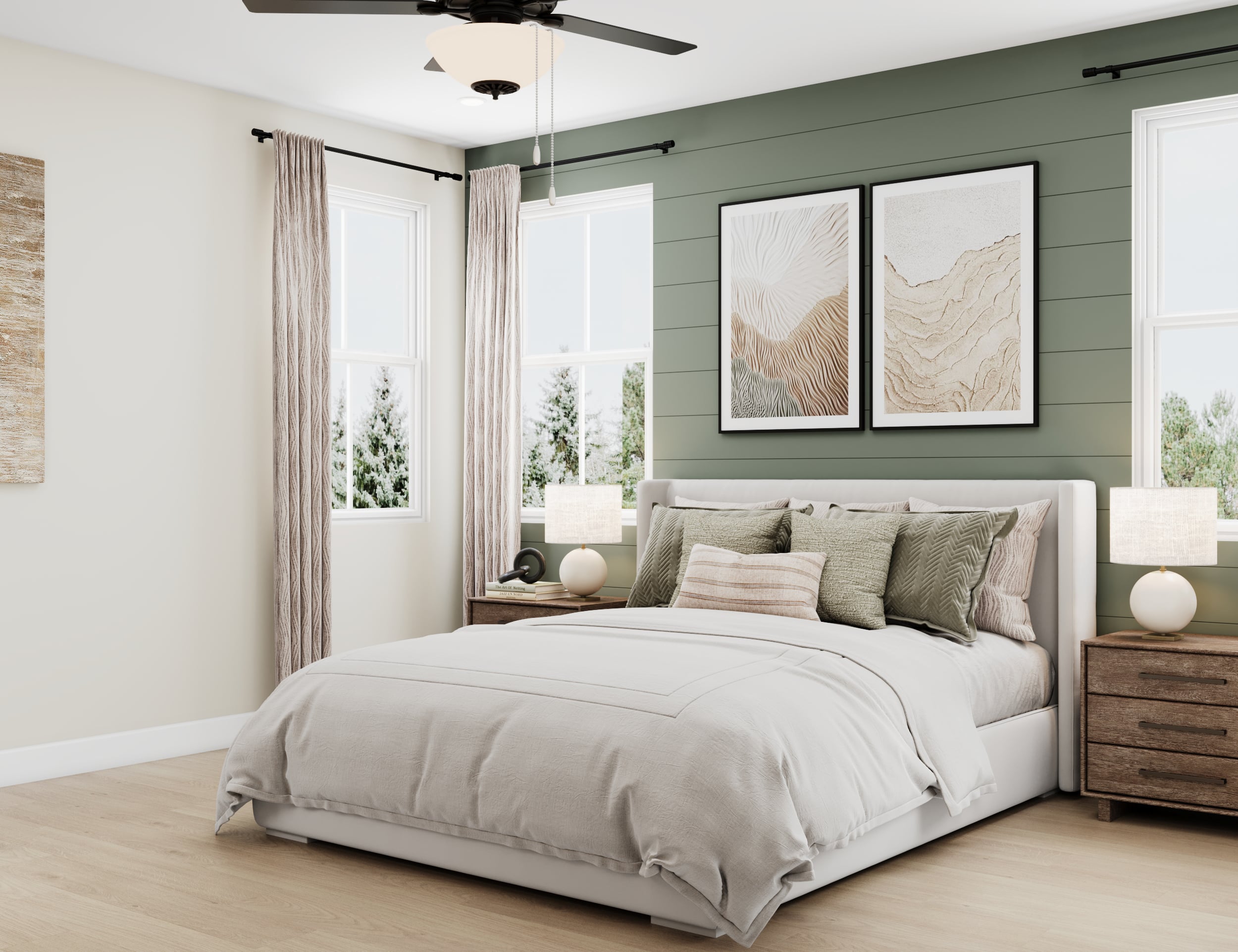 primary bedroom with king bed and decor